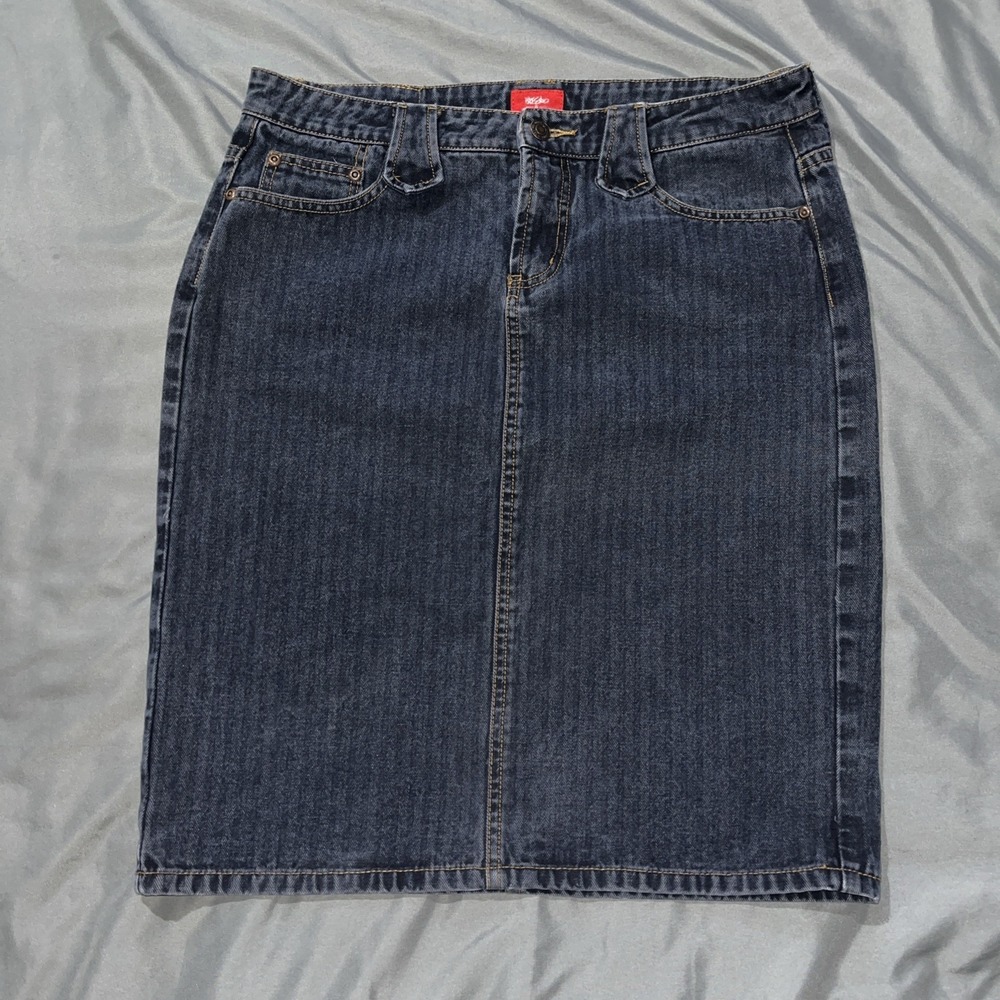Mossimo Stretch Denim Skirt Vertical Striped Women's Size 11 Mid Length Pockets.